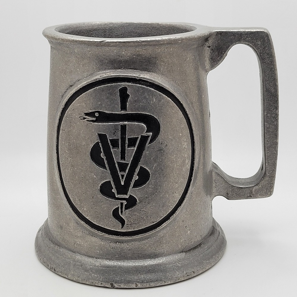 Pewter Veterinarian Symbol Mug V Caduceus Emblem Tankard Snake & Staff Vet Logo